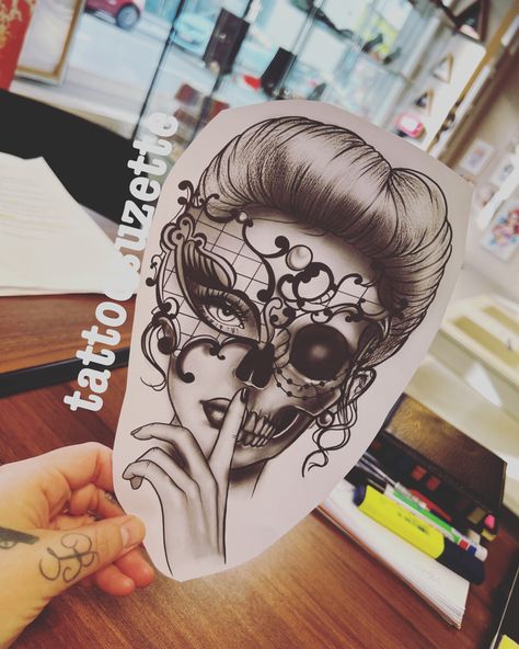 Mask Tattoo Design, Tattoo Leg, Lady Face, Mask Tattoo, Thigh Tattoos, Tattoos Women, Thigh Tattoos Women, Skull Mask, Face Tattoo