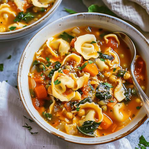 Veggie-Loaded Tortellini Soup Tortellini Veggie Soup, Crockpot Tortellini Soup Vegetarian, Tortellini Soup Vegetarian, Tortellini Vegetable Soup, Vegetable Tortellini Soup, Veggie Meals, Tortellini Soup, Cheese Tortellini, Veggie Soup