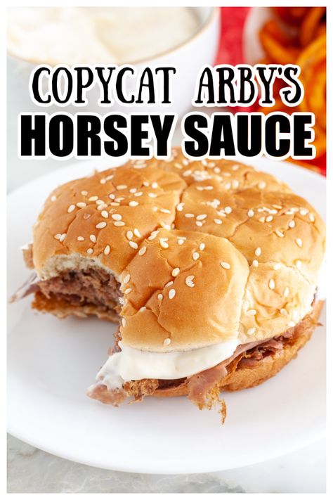 Roast beef sandwich with sauce. Arbys Horsey Sauce Copycat, Copycat Arby’s Horsey Sauce, Arby’s Horsey Sauce, Horsy Sauce Recipe, Horsey Sauce Recipe, Arbys Horsey Sauce Recipe, Horsey Sauce, Cinnabon Recipe, Creamy Horseradish