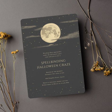 Full Moon Halloween Party Invitation  Zazzle Full Moon And Stars, Full Moon Halloween, Moon Baby Shower Invitation, Stars Background, Moon Halloween, Moon Baby Shower, Halloween Invitation, Halloween Party Invitation, Witching Hour