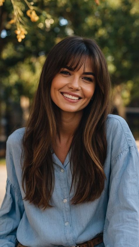 Dark Brown Hair Celebrities, Long Brown Hair Fringe, Dark Features Hair Color, Hair Lights For Dark Hair, Mixed Brown Hair, Light Brown Hair With Highlights Caramel Curtain Bangs, Dark Brown Hair With Fringe Bangs, Dark Features Women, Brown Hair With Long Layers