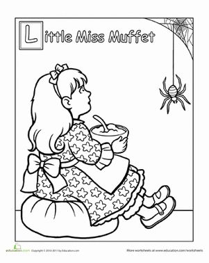 Preschool Fairy Tales People Worksheets: Little Miss Muffet Coloring Page Kids Activity Sheets, Rhyming Preschool, Nursery Rhyme Crafts, Nursery Rhymes Preschool, Nursery Rhyme Theme, Nursery Rhymes Activities, Little Miss Muffet, Miss Muffet, Fairytale Nursery