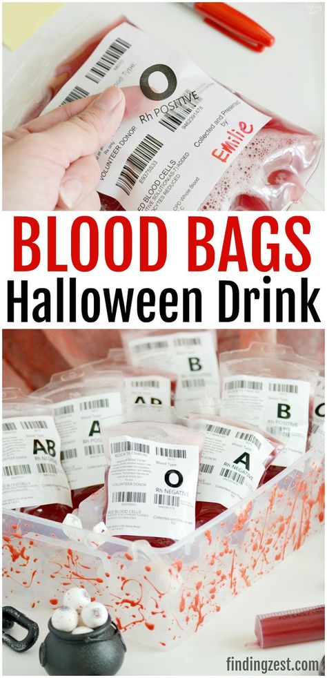 Entertain guests at your Halloween party with these fun blood bags! This red Halloween Drink (non-alcoholic) is perfect for filling fake I.V. bags designed specifically for drinks. Learn tips for how to fill and clip the bags and how to make the easiest edible fake blood splatters! This is also a great accessory to your vampire costume! #halloween #halloweenfun #halloweendrinks #halloweenrecipes #blood #fakeblood #edibleblood #bloodbags #kids #kidfriendly #punch #partyideas #kidparties #partyfoo Creepy Halloween Food, Halloween Party Drinks, Diy Halloween Party, Hallowen Party, Red Halloween, Halloween Drink, Red Drinks, Fun Halloween Food, Adult Halloween Party