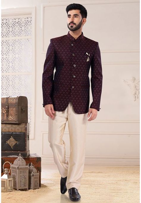 Maroon Jacquard Jodhpuri Suit - HRSE1810R Men Jodhpuri, Engagement Couple Dress, Engagement Dress For Men, Engagement Dress For Groom, Business Casual Attire For Men, Jodhpuri Suit, Celebrity Gowns, Linen Coat, Ghagra Choli