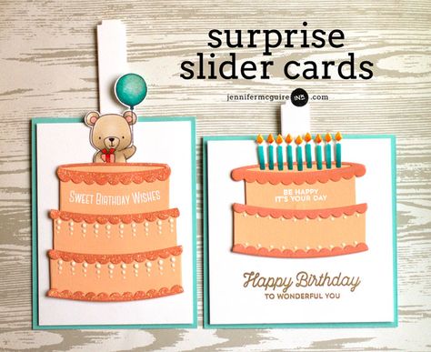 Surprise Slider Cards Tunnel Cards, Jennifer Mcguire Cards, Balloon Cards, Cardmaking Techniques, Spinner Card, Jennifer Mcguire Ink, Bookmark Card, Slider Cards, Jennifer Mcguire