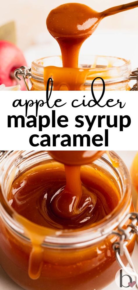 The best caramel for your fall desserts! Maple syrup and apple cider unite to make the creamiest tart & sweet caramel sauce. Apple Maple Syrup Recipes, Small Batch Caramel, Apple Syrup Recipe, Maple Syrup Caramel, Caramel Syrup Recipe, Infused Maple Syrup, Diy Maple Syrup, Cider Caramel, Apple Spice Cupcakes