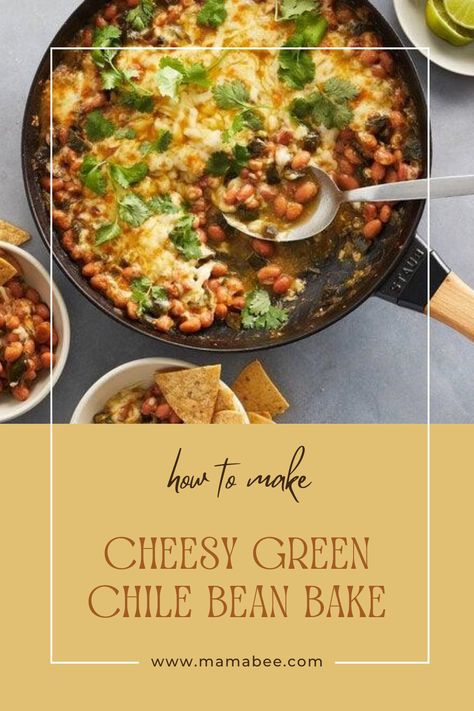 Cheesy Green Chile Bean Bake is a quick and easy dinner featuring roasted green chiles, pinto beans, and salsa verde. It's topped with Monterey Jack cheese and broiled. It pairs well with tortillas, chips, rice, or fried eggs. Variations include Mexican chorizo, bacon, spinach, or pulled chicken. Cheesy Green Chile Bean Bake, Cheesy Green Chili Bean Bake, Bean And Cheese Enchiladas, Veggie Entrees, Tortillas Chips, Bean Bake, Chili Bean, Meatless Dinners, Homemade Salsa Verde