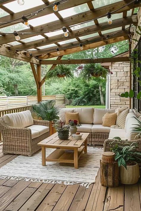 55 Farmhouse Patio Ideas for Charming and Rustic Style Rustic Pergola Patio, Outdoor Wood Patio Ideas, Wooden Terrace Ideas, Farmhouse Deck Ideas, Cottage Patio Ideas, Rustic Patio Ideas, Raised Patio Ideas, Farmhouse Patio Ideas, Cottage Deck