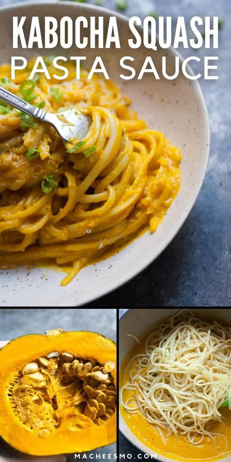 Creamy Kabocha Squash Pasta Sauce with Spaghetti: These delicious and hearty noodles are made with blended squash plus a few simple ingredients. You're going to love this quick hearty winter noodle dish! | macheesmo.com Squash Noodles Recipes, Squash Pasta Sauce, Kabocha Squash Recipe, Homemade Pasta Salad, Roasted Kabocha Squash, Italian Dinner Recipes, Squash Pasta, Kabocha Squash, Noodle Dish