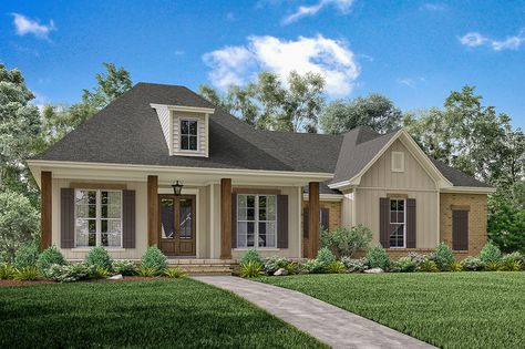 European Style House Plan - 3 Beds 2 Baths 1900 Sq/Ft Plan #430-144 - Houseplans.com French Garage, Country Home Plans, Cottage Exterior Colors, Acadian Style Homes, Acadian Homes, Acadian House Plans, Open Living Area, Cottage Exterior, Exterior Paint Colors For House