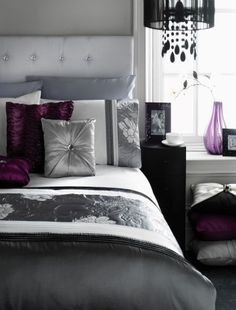 Beautiful purple and grey bedroom Black And Silver Bedroom, White And Silver Bedroom, Bedding Purple, Black Bedroom Design, Silver Bedroom, Purple Bedrooms, Decorating Bedroom, Purple Bedroom, Black Bedroom