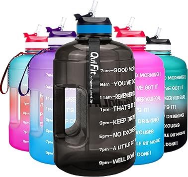 MOTIVATIONAL TIME MARKER】With unique inspirational quote and time marker, QuiFit one gallon water bottle with straw is great for measuring your daily intake of water, reminding you stay hydrated and drink enough water throughout the day. 1 gallon water jug with time marker is a must have for the gym, sports, yoga, hiking, camping, & traveling. 【 FRIENDLY DESIGN】Giant water bottle gallon with wide-mouth opening is easy to fill with ice cubes and clean. Trendy Gallon Water Bottles, Big Water Bottles With Straw, Large Water Bottles With Straws, Giant Water Bottle, Water Bottle For Gym, Half Gallon Water Bottle With Straw, Gallon Water Jug, Water Bottle Brands, Gallon Water Bottle