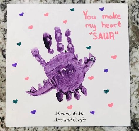 Mommy & Me Arts and Crafts Valentines Card From Baby, Dino Handprint, Handprint Dinosaur, Newborn Crafts, Dinosaur Valentine, Baby Art Crafts, Toddler Valentine Crafts, Fall Crafts For Toddlers, Fathersday Crafts