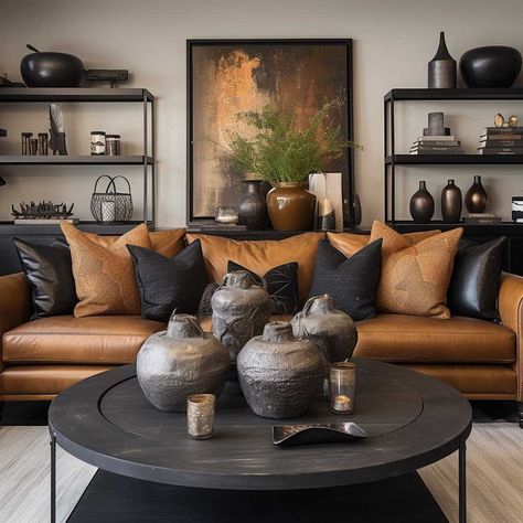 Leather Couches Living Room, Brown Living Room Decor, Leather Sofa Living Room, تصميم داخلي فاخر, Black Living Room, Room Ambiance, Sofa Sets, Brown Living Room, Style Deco