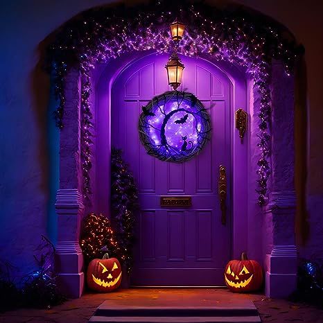 halloween, halloween decor, front door decor Halloween Apartment Decor Front Doors, Outdoor Halloween Wreath, Bat And Cat, Halloween Wreaths For Front Door, Lighted Wreath, Halloween Door Wreath, Halloween Lighting Outdoor, Fall Harvest Decorations, Purple Lights