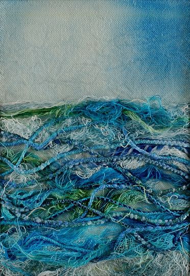 Ocean with painted and dyed thread by Jeri Flom Ocean Fabric Textile Art, Gcse Art Sketchbook Ocean, Gcse Textiles Water, Under The Sea Textiles, Water Textiles Sketchbook, Ocean Sketchbook, Beach Textiles, Ocean Inspired Fashion, Ocean Textiles