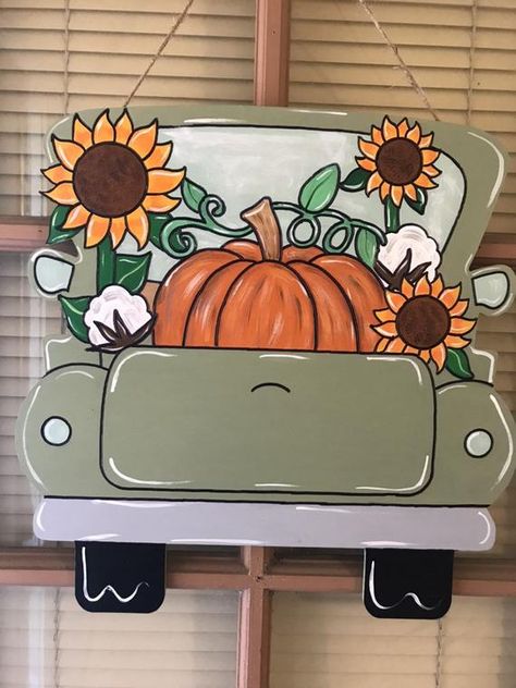 Wooden Trucks, Truck Door Hanger, Window Paint, Truck Crafts, Don't Disturb, Burlap Door Hangers, Fall Stuff, Fall Door Hangers, Truck Art