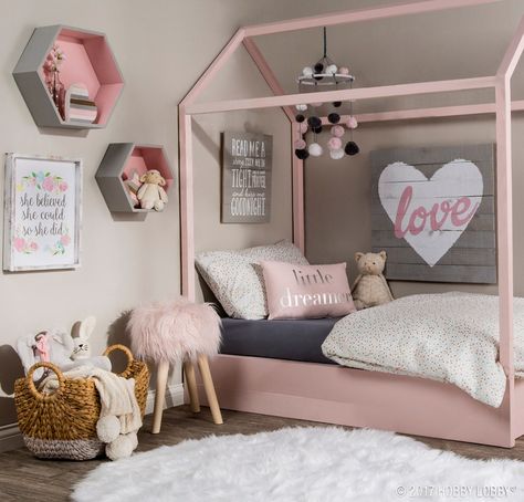 Pretty pink pastels are key to creating this dreamy space! Pink Girls Bedroom Decor, Dreamy Space, Grey Wall Decor, Stylish Bedroom Design, Girls Wall Decor, Pink Bedroom Decor, Princess Bedroom, Hexagon Shelves, Wall Colour