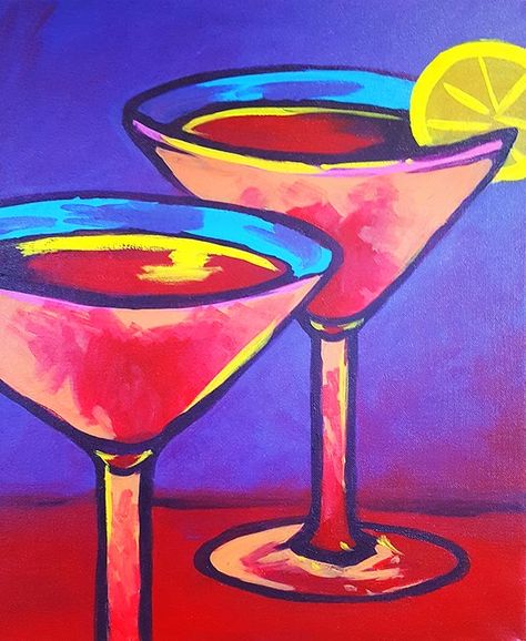 Cocktail Painting Acrylic Easy, Canvas Painting Ideas Alcohol Drinks, Cocktail Painting Acrylic, Martini Acrylic Painting, Dirty Martini Painting, Wine Glass Abstract Painting, 3d Canvas Art, Wine And Paint Night, Wine Painting