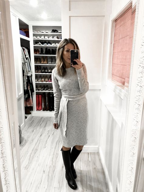 Sweater Dress, Classic Riding Boots and… Sweater Dress And Boots Outfit, Sweater Dresses With Boots, Sweater Dress And Boots, Dress And Boots Outfit, Black Sweater Dress Outfit, Dresses With Boots, Riding Boot Outfits, Dress And Boots, Wrap Sweater Dress