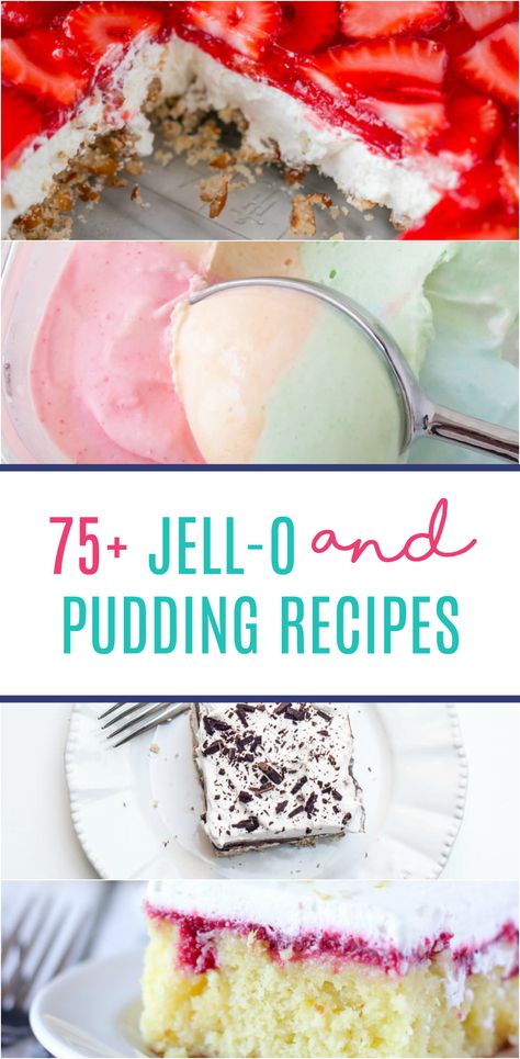 More than 75+ delicious Jell-O and Pudding desserts including Blueberry Cheesecake Poke Cake, Root Beer Pudding Cookies, Jell-O Meringue Cookies, and Banana Split Fluff Salad. Banana Split Fluff Salad, Banana Split Fluff, Cheesecake Poke Cake, Jello Pudding Recipes, Jello Pudding Desserts, Pudding Desserts Recipes, Fluff Salad, Homemade Snickers, Jello Desserts