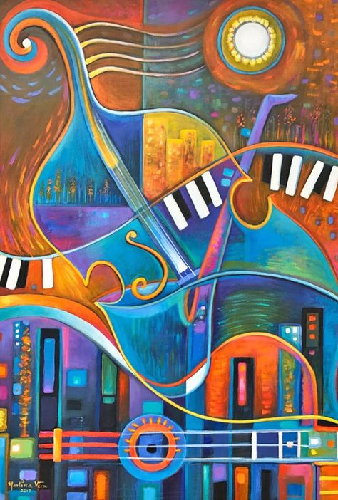 Abstract Art Modern Painting Marlina Vera City of Music original oil Cubist Paintings, Art Musical, Cubist Art, Jazz Art, Cubism Art, Music Painting, Soyut Sanat Tabloları, Music Artwork, Musical Art