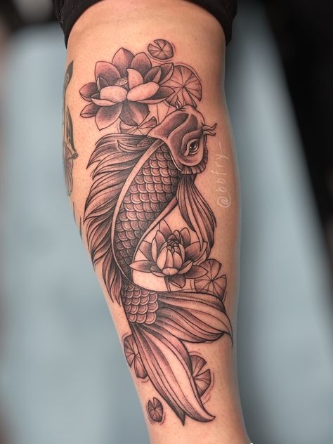 Koi Fish tattoo by @bbfry_ on Instagram. Colorful Koi Fish Tattoo For Women, Koi Shoulder Tattoos For Women, Coy Fish And Lotus Tattoo, Koi Mermaid Tattoo, Koi Fish With Water Lily Tattoo, Flowers And Fish Tattoo, Coral Fish Tattoo, Koi Fish Water Tattoo, Koi Fish Leg Tattoo Women