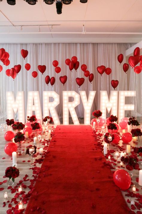 Marry Me Decor Proposal Ideas Marriage Proposal Idea Engagement Proposal Ideas Indoor Proposal, Wedding Proposal Ideas Engagement, Proposal Decor, Balloon Proposal, Light Up Marquee Letters, Cute Proposal Ideas, Wedding Guest Etiquette, Romantic Dinner Decoration, Decoration For Party