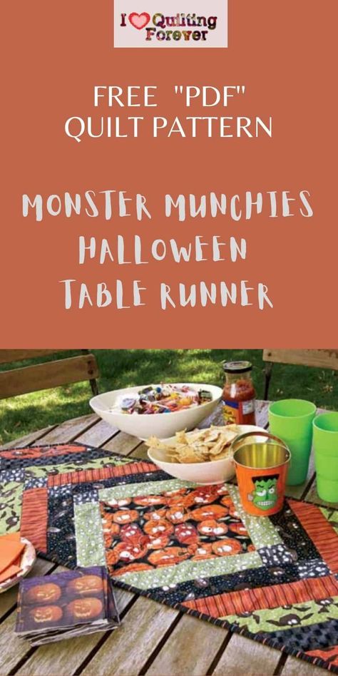 Free Quilt Pattern: Monster Munchies Halloween Table Runner Halloween Quilted Table Runners Patterns Free, Halloween Quilt Table Runner Pattern, Diy Quilted Table Runner, Halloween Quilt Table Runner, Place Mats Quilted Patterns Free, Free Halloween Table Runner Patterns, Fall Table Runner Quilt Patterns, Sewing Table Runners Free Pattern, Quilted Halloween Table Runners