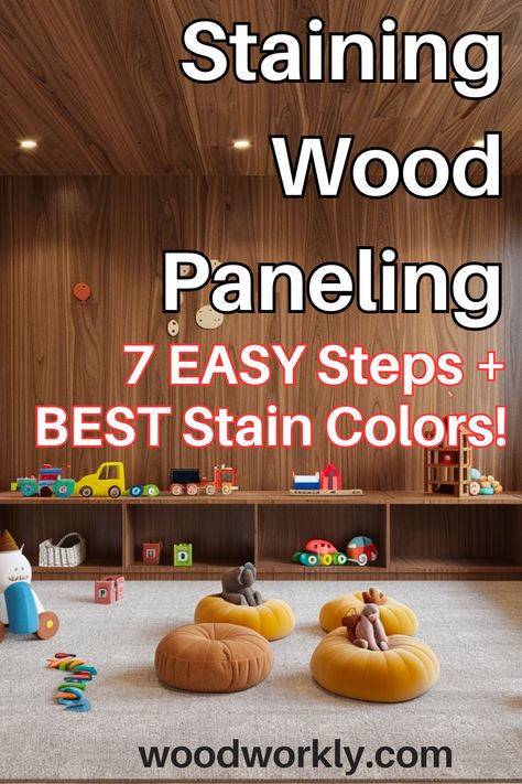 Elevate your space with stained wood paneling using expert tips from Woodworkly. Learn how to achieve a flawless finish and transform your interiors with stained wood paneling. Enhance the beauty of your home today! #WoodPaneling #StainingWood #HomeImprovement #BestStainForWoodPanel Staining Wood Paneling Walls, How To Restain Wood, Wood Paneling Makeover, Paneling Makeover, Painting Wood Paneling, Diy Staining, 1970s Decor, Wood Finishing, Grey Panels