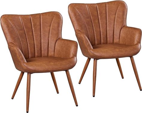 Amazon.com: Yaheetech PU Leather Armchair, Modern Accent Chair with Metal Legs, Comfy Upholstered Barrel Chair for Living Room Bedroom Vanity Room, Brown, 2pcs : Home & Kitchen Nook Office, Leather Armchair Modern, Mid Century Modern Armchair, Small Accent Chairs, Leather Accent Chair, Velvet Accent Chair, Bedroom Vanity, Guest Chair, Modern Accent Chair