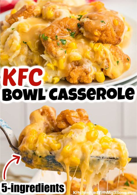 Put down your car keys and rest easy knowing that you can make KFC right in your kitchen. This amazing KFC Bowl Casserole is all the best ingredients that this popular restaurant has to offer in one big dish. It includes popcorn chicken, mashed potatoes, cheddar cheese, chicken gravy, and corn. Kfc Bowl Casserole, Kfc Bowl Recipe, Kfc Bowls, Popcorn Chicken Recipe, Chicken Bowl Recipe, Chicken Shed, Corn Cheese, Kfc Chicken, Homemade Gravy