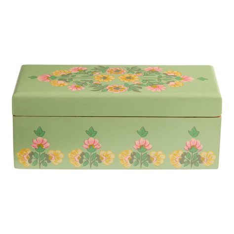 Mint Hand Painted Wood Floral Tea Storage Box - World Market Tea Box Storage, Mint Background, Painted Jewelry Boxes, Tea Storage, Mid Century Jewelry, Tea Box, Dream Room Inspiration, Floral Tea, Cute Room Decor