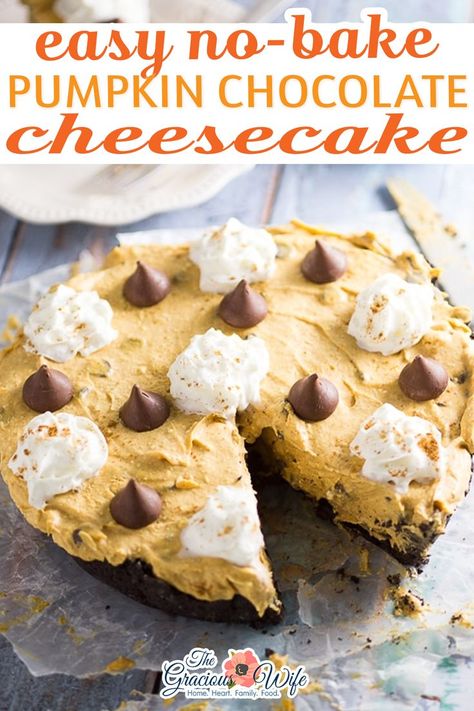 Festive, delicious, and easy No Bake Pumpkin Chocolate Cheesecake with a no bake pumpkin spice filling and chocolate chips in a chocolate Oreo crust. Perfect for both pumpkin spice lovers and chocolate lovers! My No Bake Pumpkin Chocolate Cheesecake recipe includes a no bake pumpkin spice cheesecake filling with chocolate chips sitting on a simple and tasty chocolate Oreo crust. | @graciouswife #nobakefallcheesecake #nobakechocolatecheesecake #falldessert #thanksgivingdessert Pumpkin Chocolate Cheesecake, Easy Chocolate Cheesecake, Spice Cheesecake, Chocolate Cheesecake Recipe, No Bake Chocolate Cheesecake, Pumpkin Spice Cheesecake, No Bake Pumpkin, No Bake Pumpkin Cheesecake, Chocolate Cheesecake Recipes