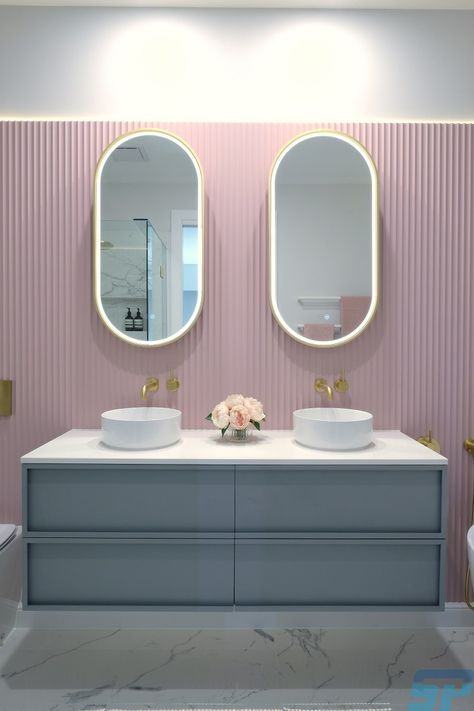 Textured MDF - Scandinavian Profiles - Machining & Fabricating Building Materials Fluted Panel Bathroom, Pink Fluted Panel, Bathroom With Double Vanity, Pink Feature Wall, Brushed Brass Tapware, Brass Tapware, Curtain Pelmet, Bathroom Feature Wall, Bathroom Redecorating