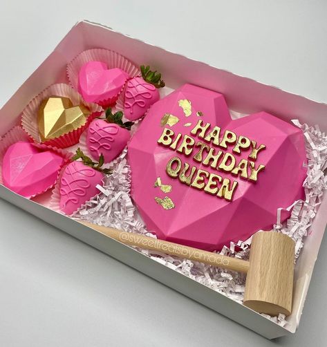 Sweet 16 Breakable Heart, Heart Box With Strawberries, 21st Birthday Breakable Heart, Breakable Chocolate Heart Ideas Birthday, Pink And White Breakable Heart Chocolate, Chocolate Molds Recipe, Elsa Doll Cake, Smash Box, Breakable Chocolate