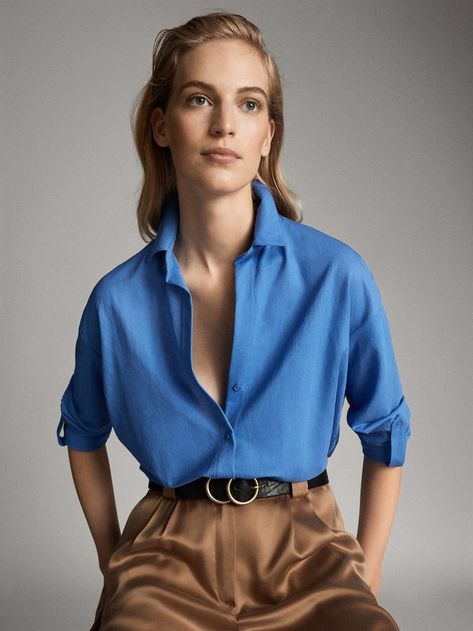 Blue Shirt Women, Massimo Dutti Women, Fashion Tops Blouse, Blouse Sale, Klein Blue, Blue Outfit, Roll Up Sleeves, Winter Outfits Women, Fashion Lookbook