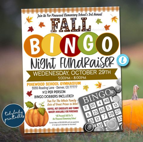 "FALL Bingo Flyer Template - Almost text is editable so you can make it read what you wish! **the top words FALL BINGO are NOT editable**  Full Editing Options With Templett.com TRY BEFORE YOU BUY! Copy and paste the demo link below: https://templett.com/design/demo/TidyLady19/22935926 Designed for Printing 8.5x11\" *This is a DIY self-editing digital, printable product - I do not edit this file for you. However, I do offer editing services at an extra charge, please reach out if you are interes Fall School Fundraiser Ideas, Small Town Event Ideas, Fall Fundraiser Ideas, Fall Event Ideas, Fall Bingo, Community Fundraiser, Bingo Night, Fundraiser Flyer, Fundraiser Ideas