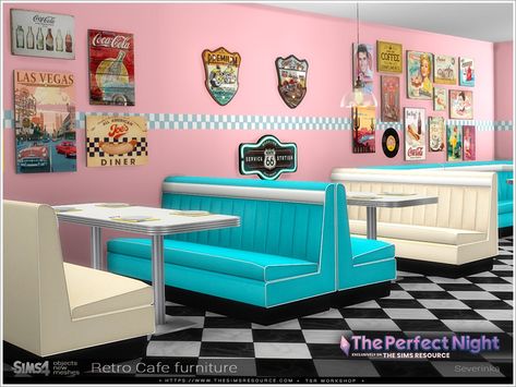 Sims 4 Cafeteria Cc, Sims 4 Restaurant Cc, Corner Dining Table, Sims 4 Restaurant, Authentic Decor, Diner Decor, Bar Ceilings, Retro Cafe, Cafe Furniture