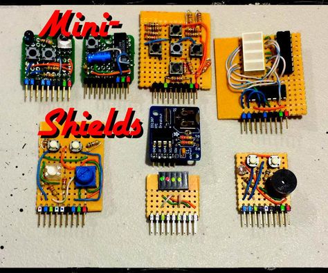 This is a set of simple, small form-factor, mini-shields that I created almost by accident. As I made more and more of them, I realized that they could be really... Arduino Shield, Arduino Projects Diy, Micro Computer, Diy Tech, Raspberry Pi Projects, Pi Projects, Electronics Projects Diy, Arduino Projects, Amateur Radio