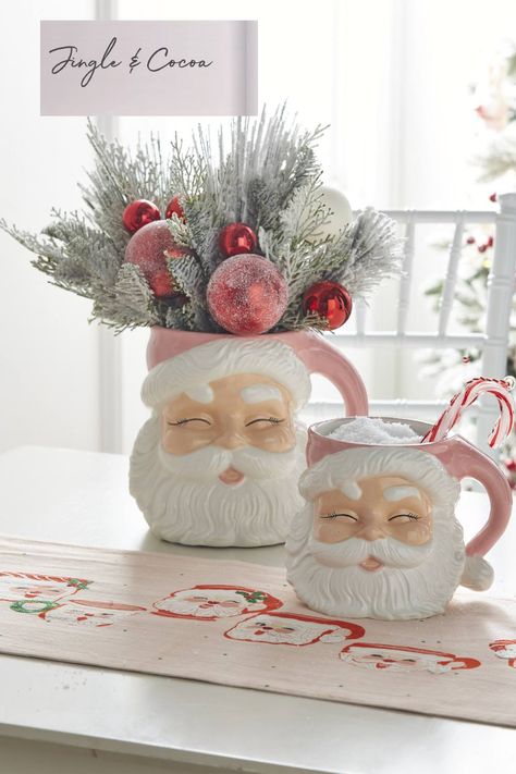 pink Santa mugs from RAZ Cottage Throw Pillows, Mug Noel, Pink Santa Claus, Ceramic Santa, Santa Mug, Raz Imports, Pink Santa, Holiday Table Settings, Santa Figurines