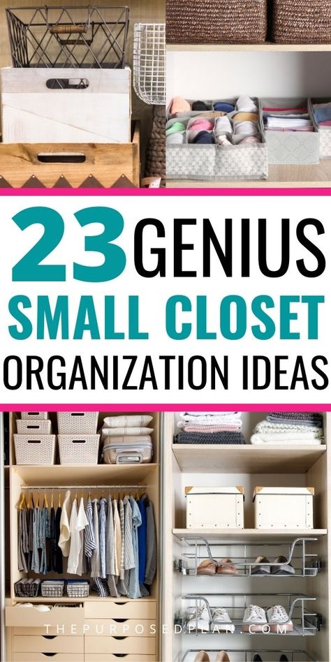 Organizing small closets isn't as hard as it may seem. Here are some of the best ways to organize a small closet on a budget! | Small Closet Organization Ideas | Walk in closet organization ideas | Reach in closet organization ideas Small Bedroom Ideas Minimalist Closet Organization, Closet Storage Small Space, Clothes Organization For Small Closet, Small Closet Clothes Storage, Shelving Ideas For Small Closets, Mini Closet Organization, Organizing A Small Closet On A Budget, Apartment Storage Closet Organization, Best Small Closet Design