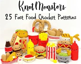 KnotMonster - Etsy Food Crochet Pattern, Knitted Food, Food Crochet, Guacamole Salsa, Crocheted Toys, Food Patterns, Cute Snacks, Burger And Fries, Crochet Plant