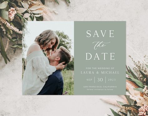 Sage Green Save the Date Card Template, Minimalist Save the Date Photo Card, Rustic Wedding, Garden, Modern, Elegant | INSTANT DOWNLOAD Sage Green Wedding Save The Dates, Green Save The Date Cards, Wedding Save The Date With Photo, Sage Green Save The Date, Save The Date Ideas With Photo, Save The Date Green, Safe The Date, Wedding Seating Cards, Rustic Wedding Save The Dates