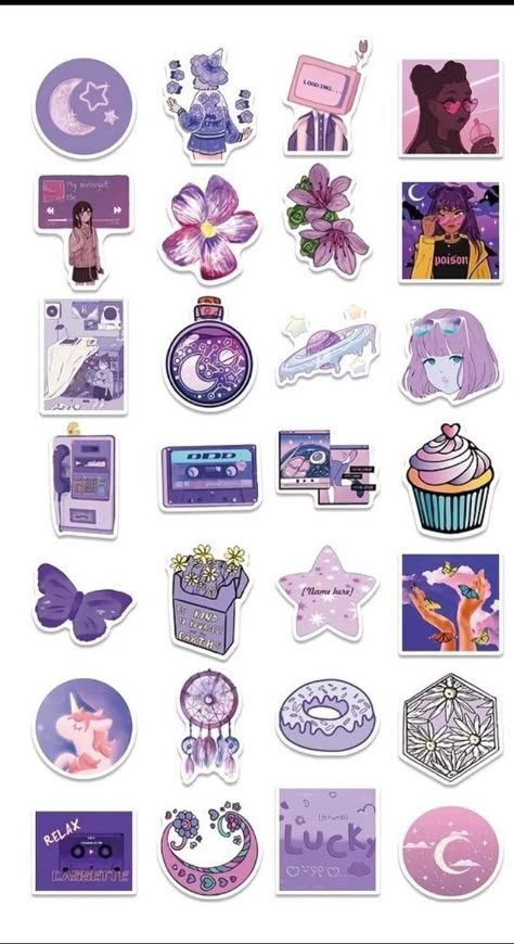 Purple Theme Stickers, Purple Design For Scrapbook, Cute Stickers Aesthetic Purple, Purple Stickers Printable, Purple Stickers Aesthetic Printable, Purple Aesthetic Stickers, Sticker Art Ideas, Sticker Album Diy, Art Aesthetic Vintage