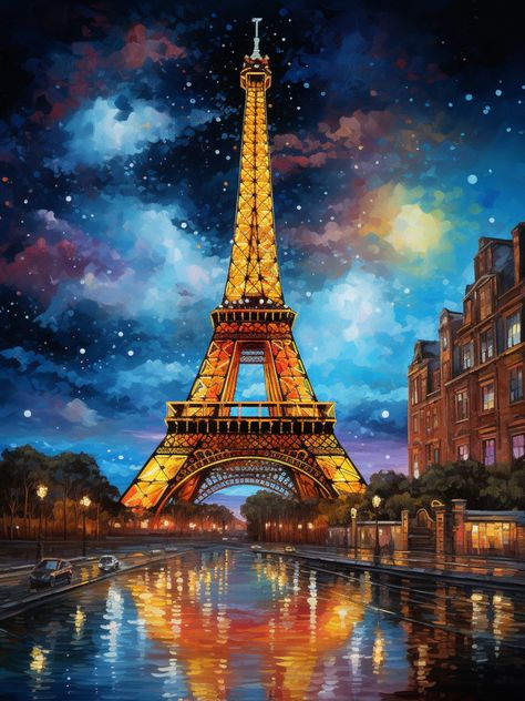 Eiffel Tower with a Colorful Night Sky Paris Painting Easy, Colorful Night Sky, Eiffel Tower Night, Epoxy Clock, Parisian Night, Frida Kahlo Paintings, Eiffel Tower Art, Kahlo Paintings, City Of Paris