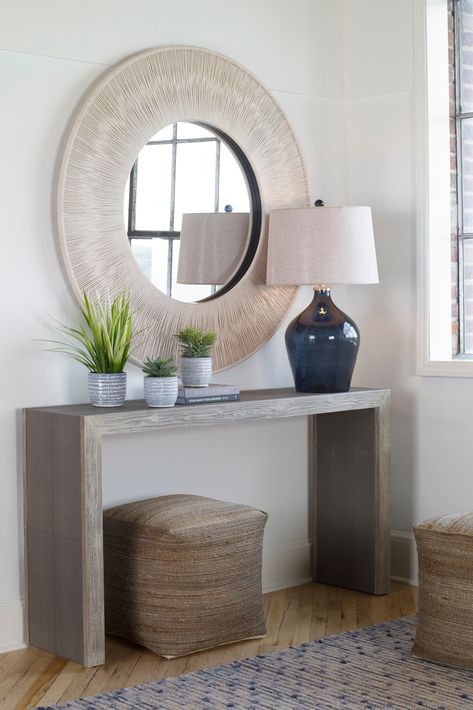 With modern elements, this transitional console features stitched panels of light gray faux shagreen, paired with a contrasting wood finish in an aged white with gray distressed details. Uttermost Aerina Console Table, 25483 Gray Console Table, Uttermost Furniture, Coastal Inspiration, Console Table Entryway, Uttermost Mirrors, Sailor Knots, Faux Shagreen, Inspire Me Home Decor, Modern Console Tables