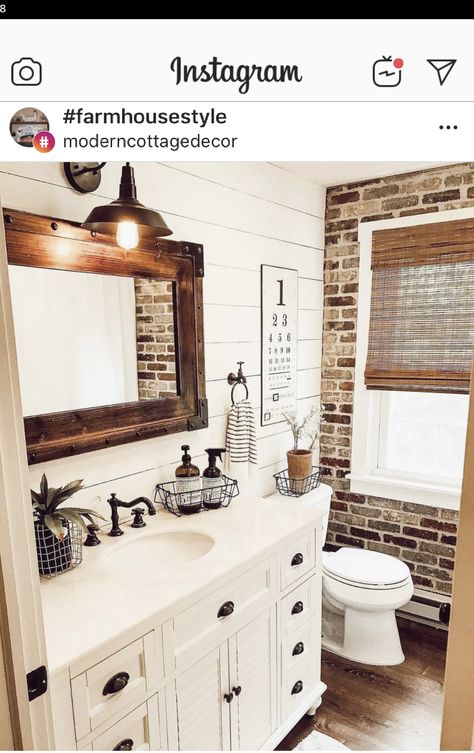 Beautiful Powder Rooms, Rustic Farmhouse Bathroom, House Bathrooms, Downstairs Bathroom, Rustic Bathroom, Farmhouse Homes, Farmhouse Bathroom, Basement Remodeling, Farmhouse Living