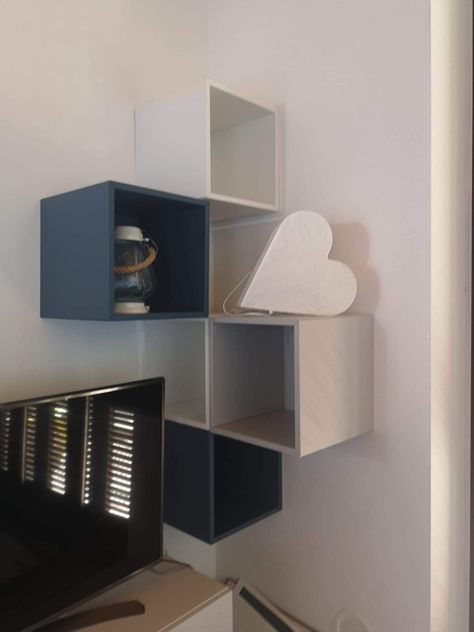 Ikea Eket Corner Ideas, Eket Corner Wall, Eket Corner Wall Ideas, Ikea Eket Corner, Eket Inspiration, Eket Corner, Ikea Box Shelves, Eket Ikea Hacks, Box Room Ideas