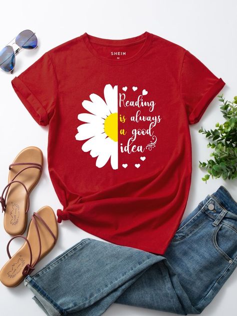 Free Returns ✓ Free Shipping On Orders $49+ ✓. Floral & Slogan Graphic Tee- Women T-Shirts at SHEIN. Casual T-shirt With Heart Graphic For Spring, Casual Sunflower Design T-shirt For Summer, Cheap Women's T-shirt With Cartoon Print, Cheap Summer T-shirt With Butterfly Print, Casual Sunflower Print T-shirt For Summer, T Shirt Painting, Shirt Print Design, Girl Sweatshirts, Shein Style